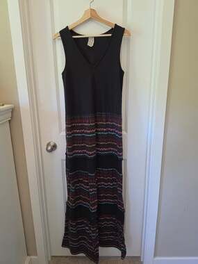 Free People Black Boho Tiered Maxi Dress Sleeveless V Neck Fair Isle M